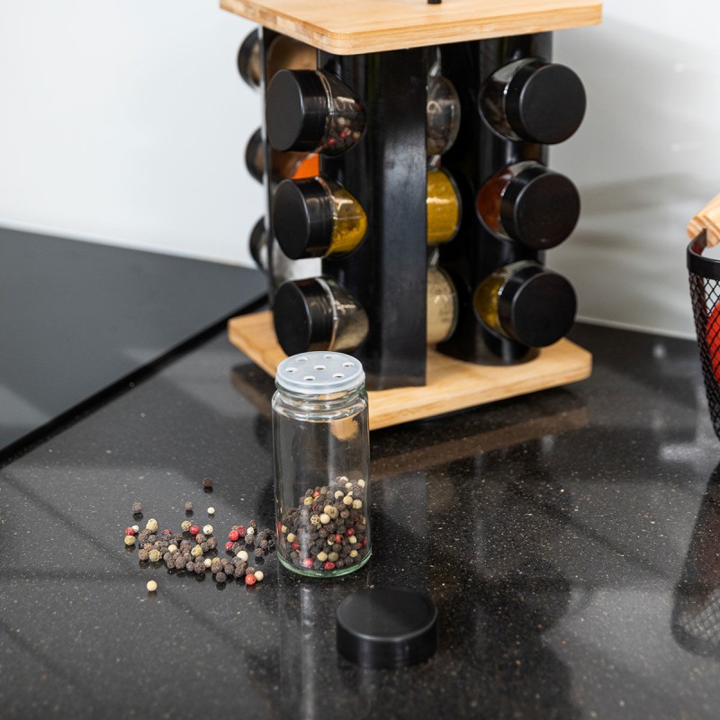 ΒΑΣΗ ΜΠΑΧΑΡΙΚΩΝ BAMBOO ESSENTIALS ΜΕ 12 ΓΥΑΛΙΝΑ ΔΟΧΕΙΑ ΠΕΡΙΣΤΡΕΦΟΜΕΝΗ ΜΑΥΡΗ